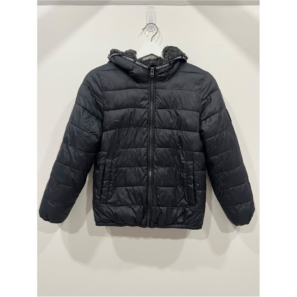 Abercrombie Kids Boys Black Faux Fur Lined Hooded Puffer Jacket XL 11/12
